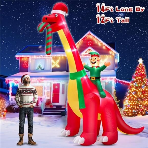 12 Ft Ht x 14 Ft L Giant Christmas Inflatables Santa El  12 Ft Ht x 14 Ft L Giant Christmas Inflatables Santa Elf Ride Dinosaur Holding